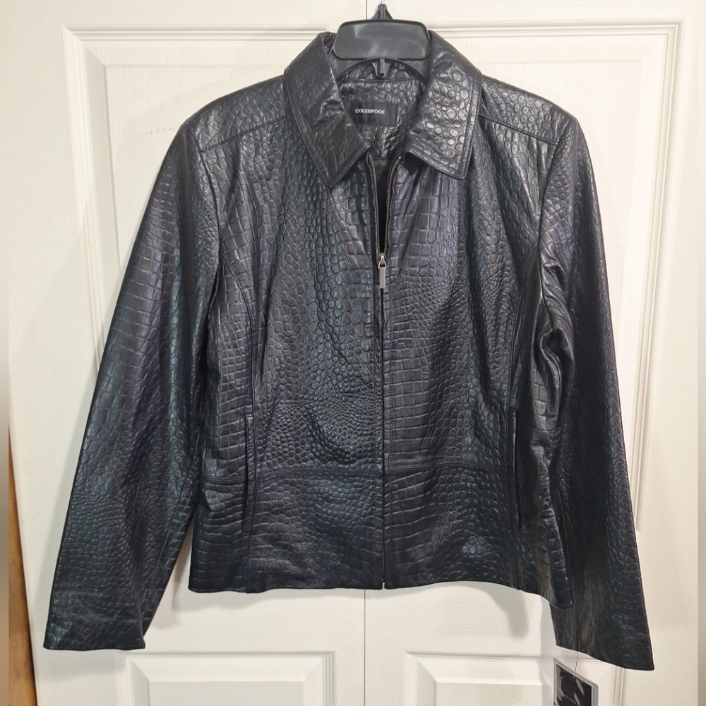 Colebrook Croc Embossed Leather Zip Up Jacket Tailored Fit Classic Collar-L